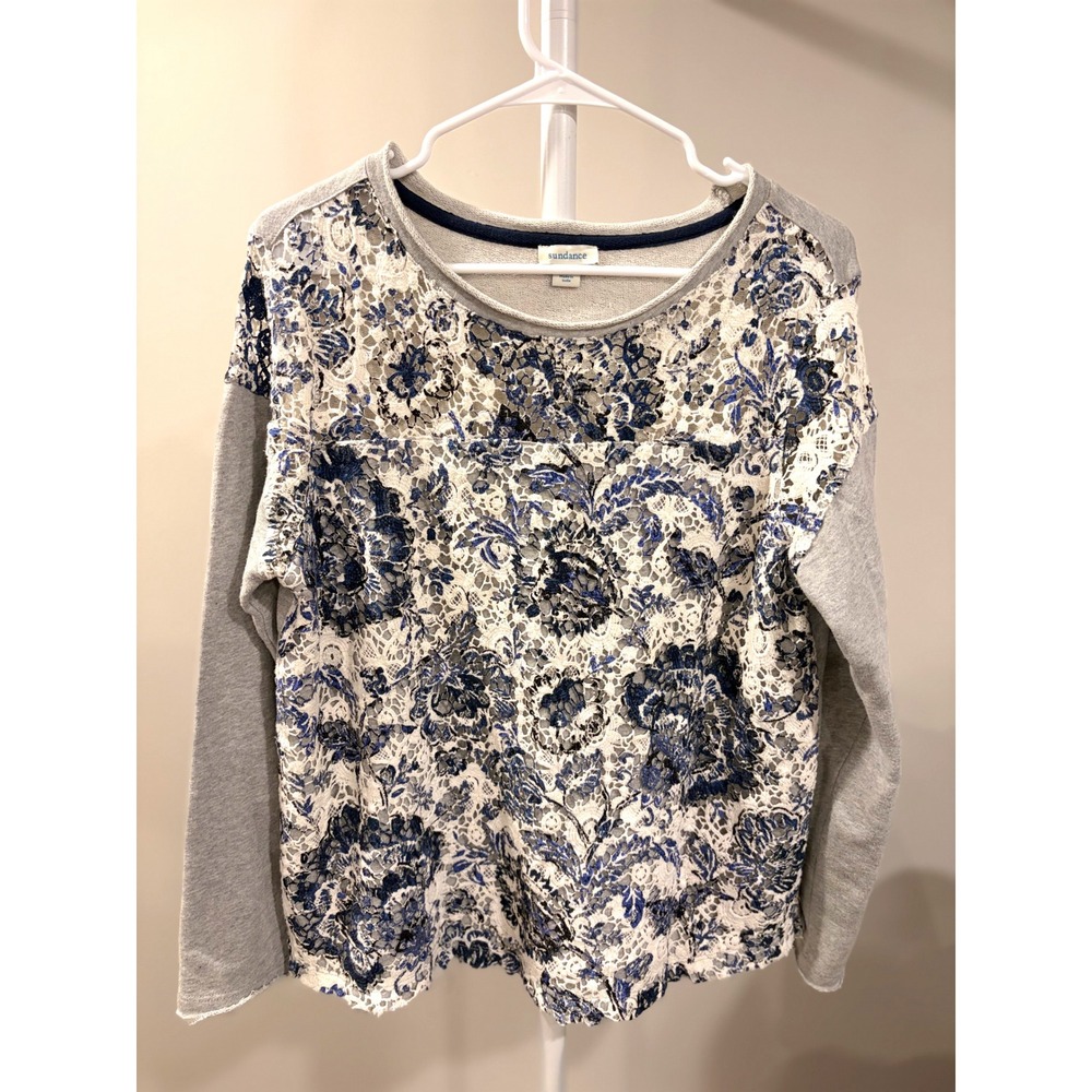 Vintage Floral Lace Sweatshirt Grey Cotton Mixed Media Boho Lagenlook Cozy